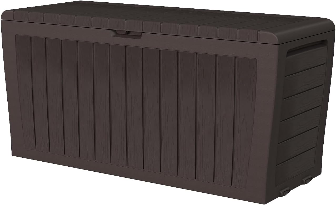 120 Gallon Resin Deck Box，Outdoor Storage Box, Waterproof Lockable Large Storage Bench for Patio Furniture, Pool Accessories & Garden Tools, Brown
