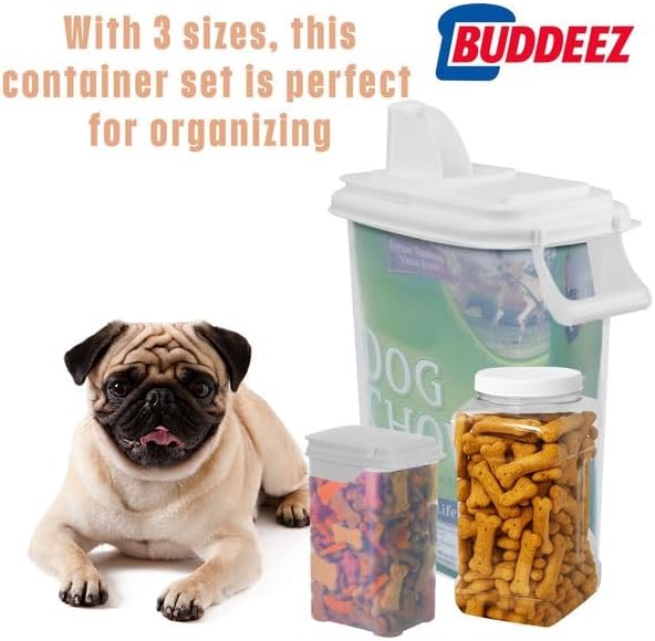 Buddeez Pet Food Storage Solution (Set of 3) - 32QT, 4QT & 2QT BPA-Free Containers with Scoop & Pour Spout for Dry Food, Treats, Chews