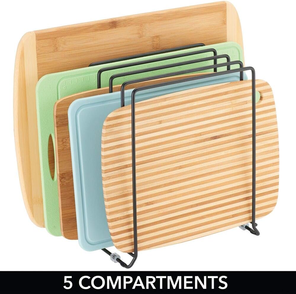 mDesign Pot Lid and Pan Rack — Metal Wire Rack for Cabinets, Pantries or Kitchen Surfaces — Freestanding Pan Stand with 5 Slots for Pans, Pots, Lids and Crockery — Black