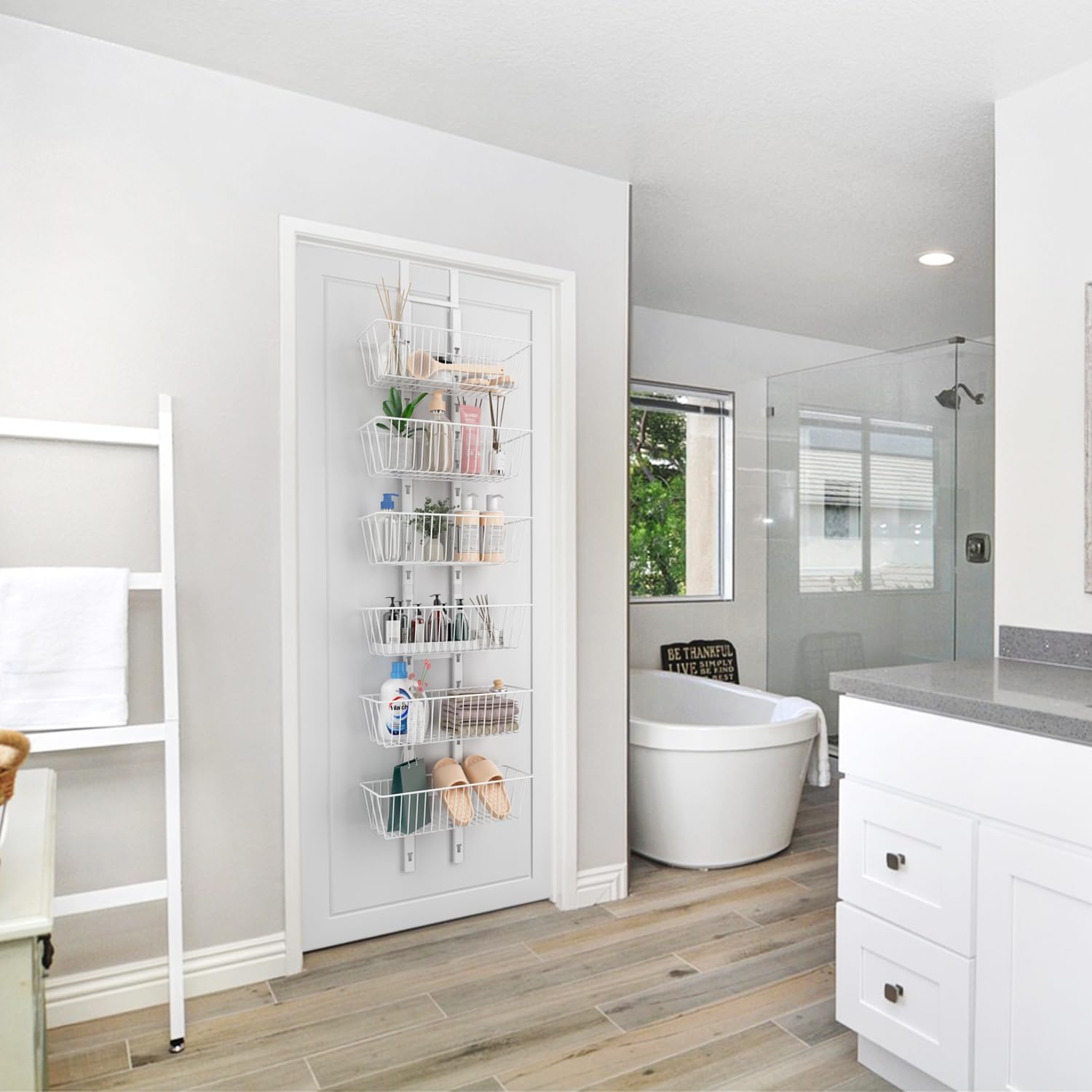 6 Tier Over the Door Pantry Organizer, Foldable Metal Over the Door Hanging Spice Rack with 6 Baskets, Adjustable Hanging Storage Rack for Kitchen, Bedroom, Laundry Room, Bathroom Essentials, White