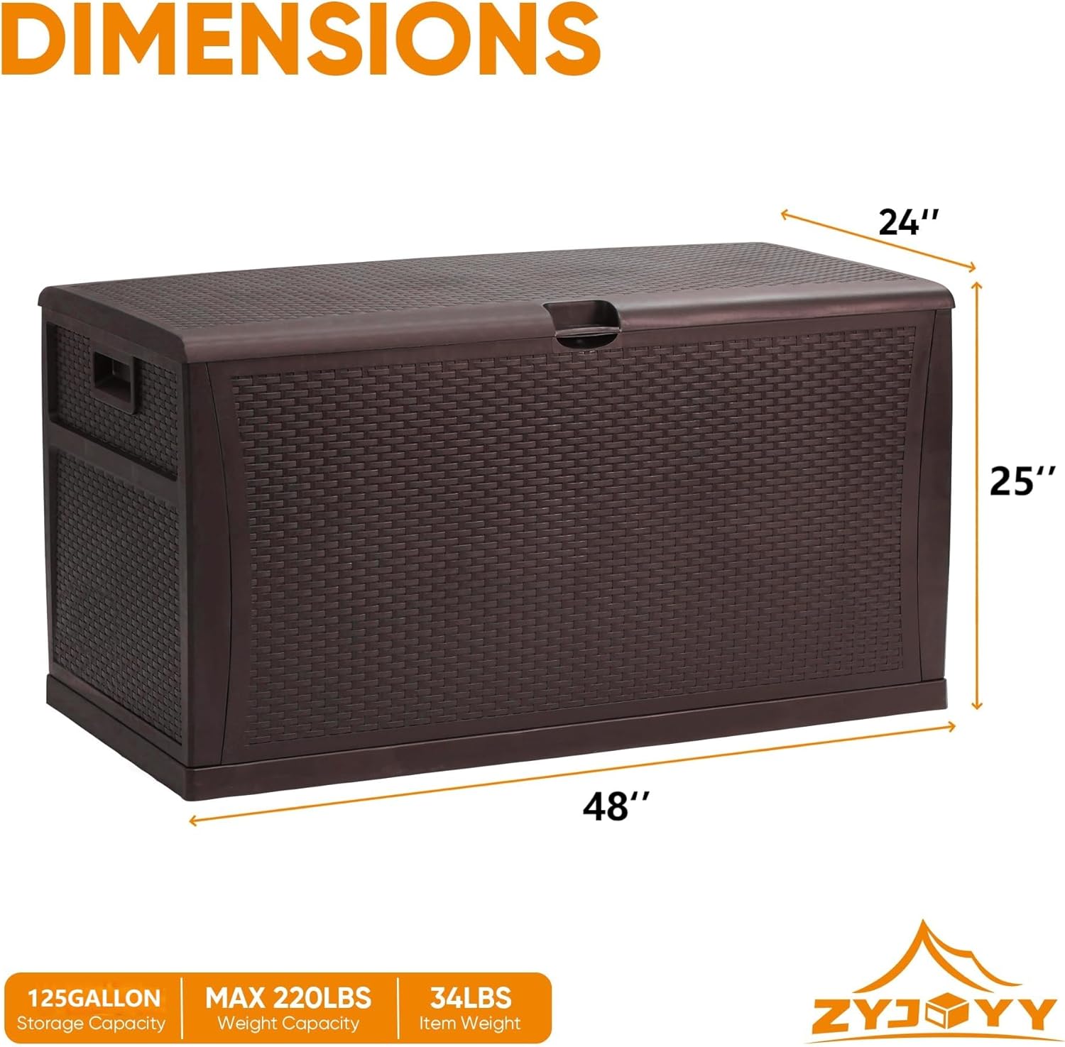ZYJOYY 125 Gallon Resin Deck Box, Weatherproof Outdoor Storage Box for Patio, Garden, Pool, and Yard, Lockable Waterproof Bin for Tools, Cushions, and Accessories, Brown