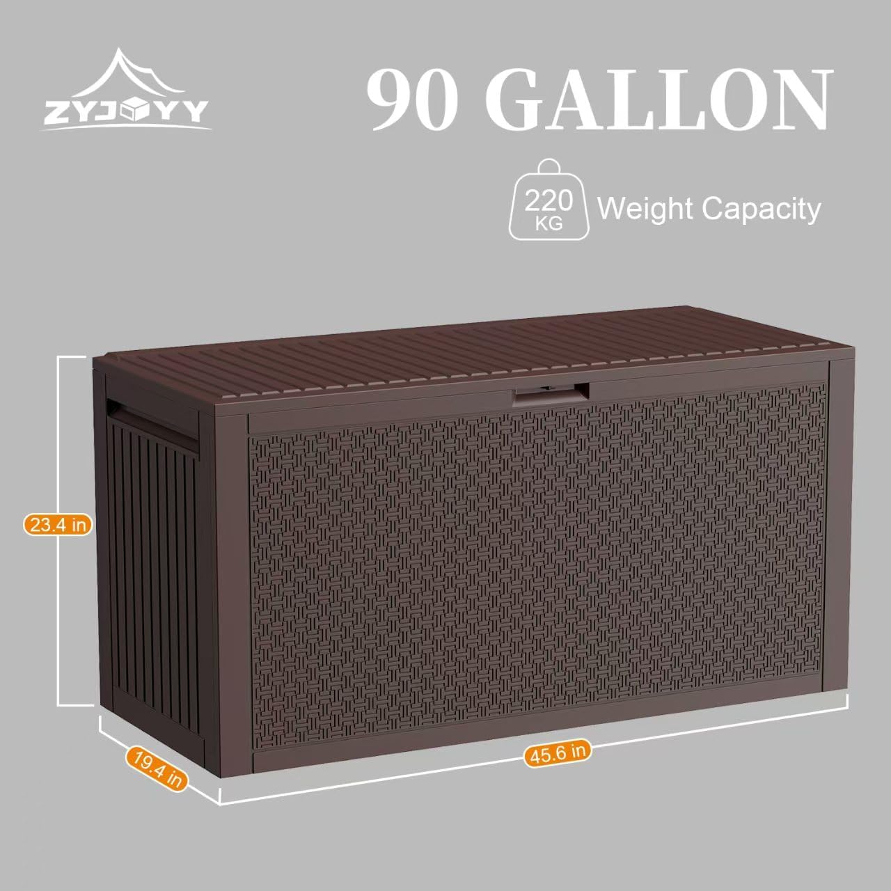ZYJOYY 90 Gallon Resin Deck Box, Weatherproof Outdoor Storage Box for Patio, Garden, Pool, and Yard, Lockable Waterproof Bin for Tools, Cushions, and Accessories, Brown