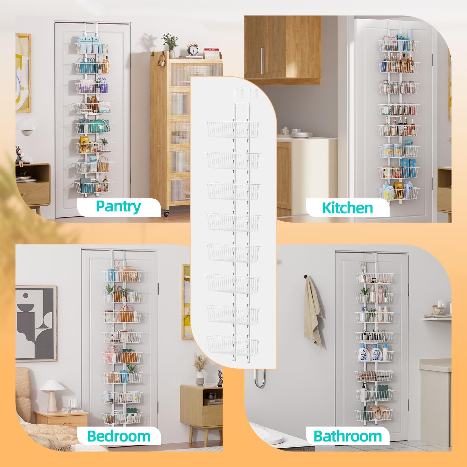 8-Tier Over Door Pantry Organizer with Mesh Baskets, Foldable Metal Hanging Spice Rack with 8 Baskets for Kitchen Organizers and Storage, for Home & Kitchen Laundry Room Bathroom Essentials, White