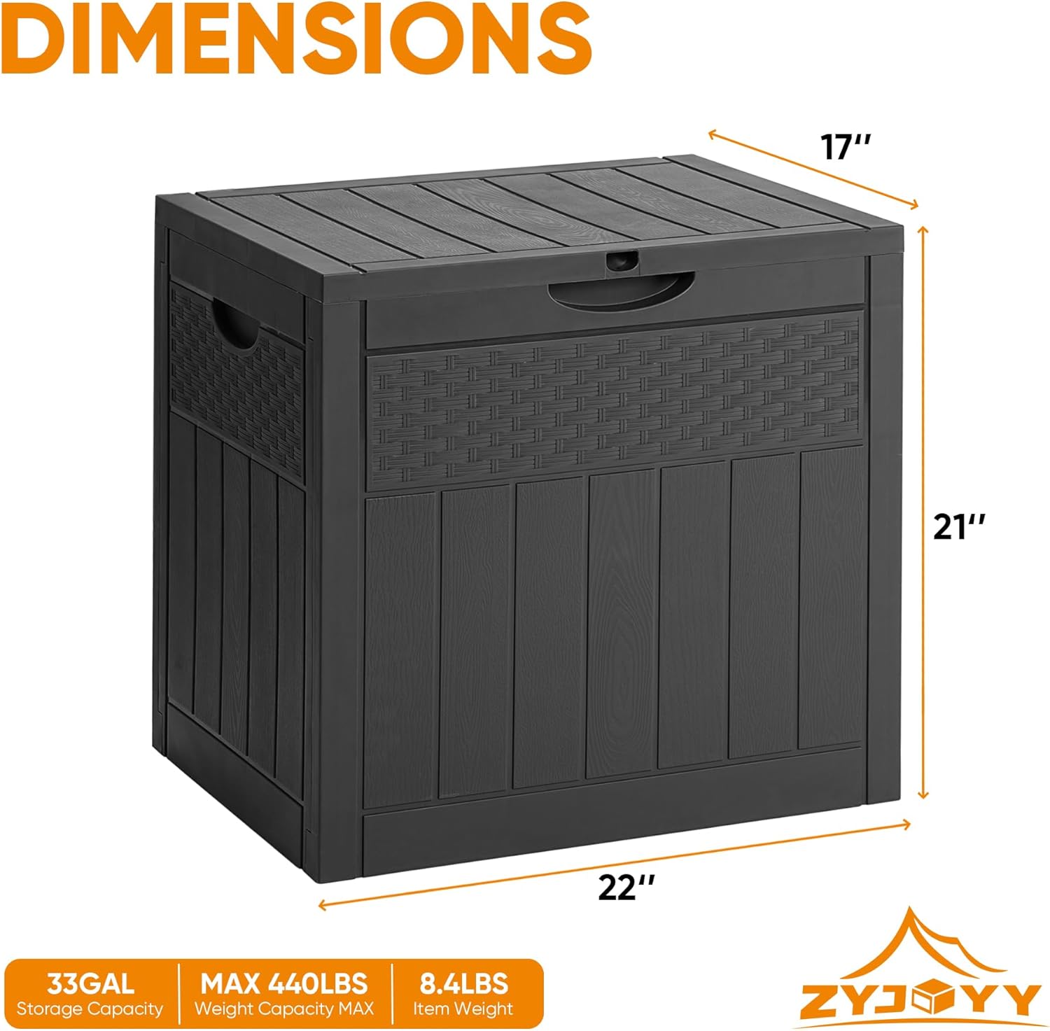ZYJOYY 33 Gallon Resin Deck Box, Weatherproof Outdoor Storage Box for Patio, Garden, Pool, and Yard, Lockable Waterproof Bin for Tools, Cushions, and Accessories, Black