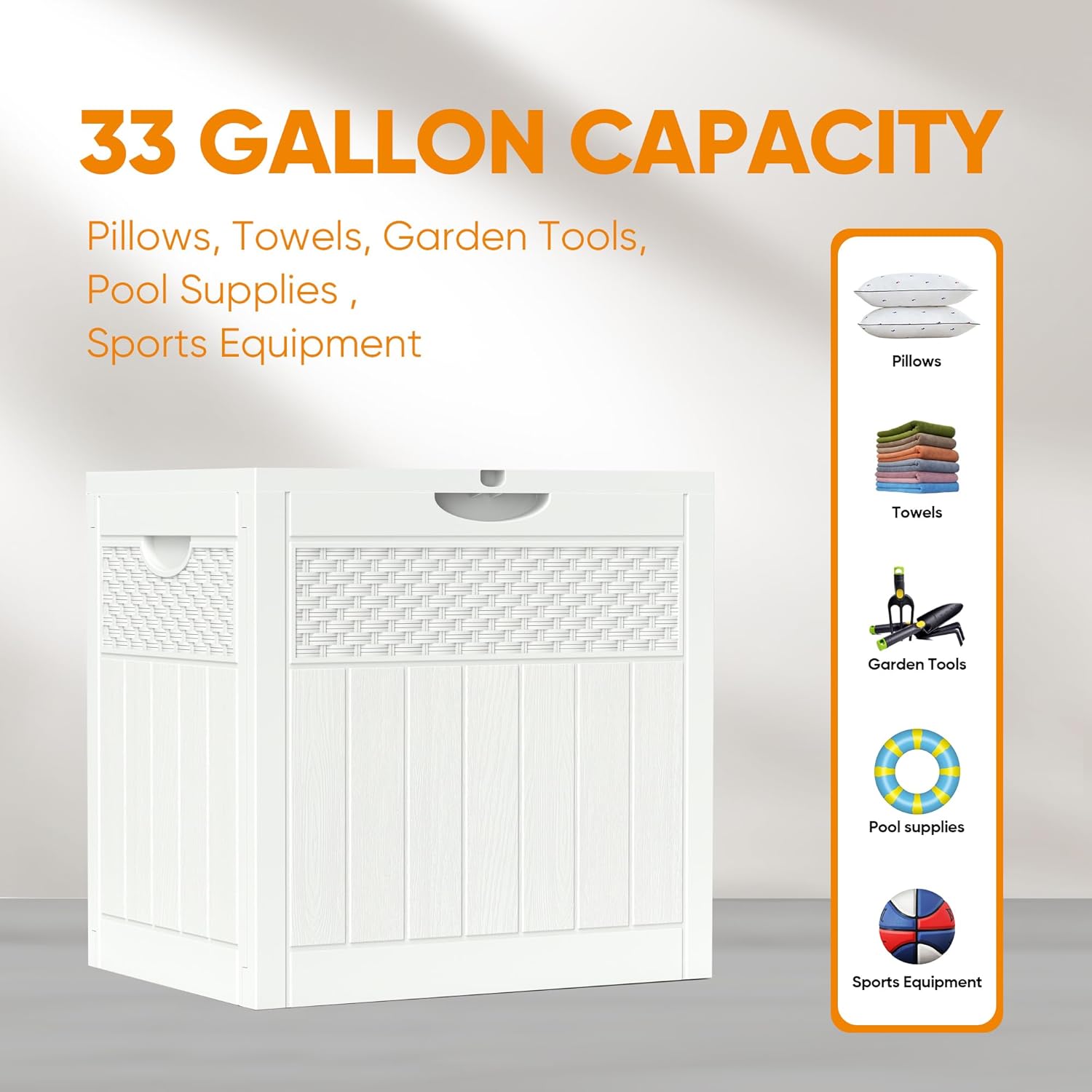 ZYJOYY 33 Gallon Resin Deck Box, Weatherproof Outdoor Storage Box for Patio, Garden and Yard, Lockable Waterproof Bin for Tools, Cushions, and Accessories, White