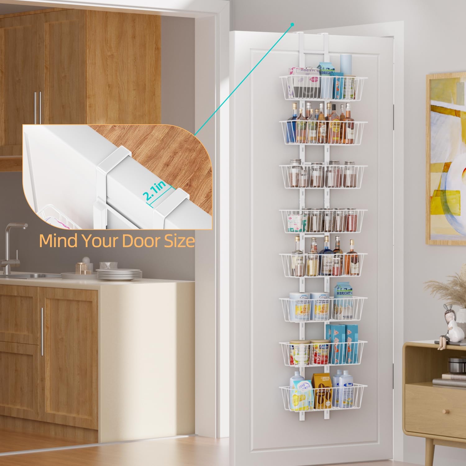 8-Tier Over Door Pantry Organizer with Mesh Baskets, Foldable Metal Hanging Spice Rack with 8 Baskets for Kitchen Organizers and Storage, for Home & Kitchen Laundry Room Bathroom Essentials, White