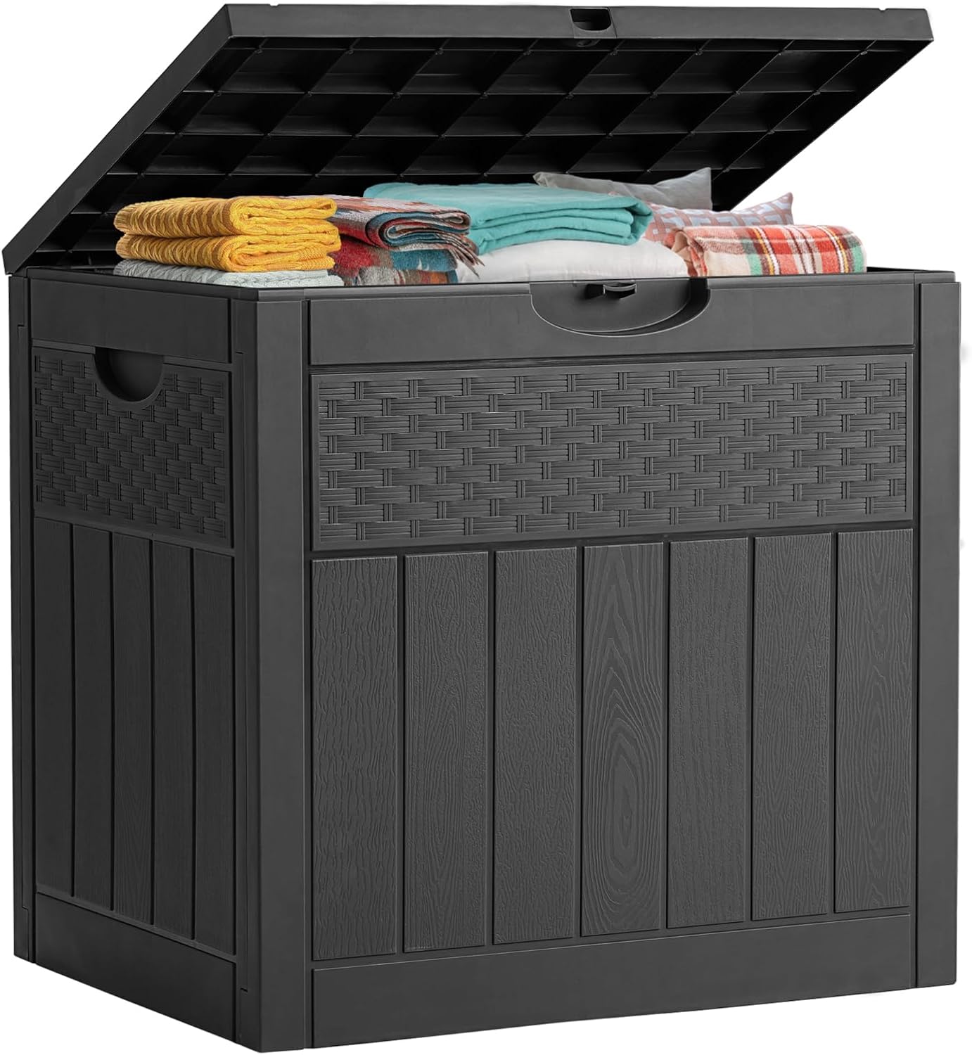 ZYJOYY 33 Gallon Resin Deck Box, Weatherproof Outdoor Storage Box for Patio, Garden, Pool, and Yard, Lockable Waterproof Bin for Tools, Cushions, and Accessories, Black