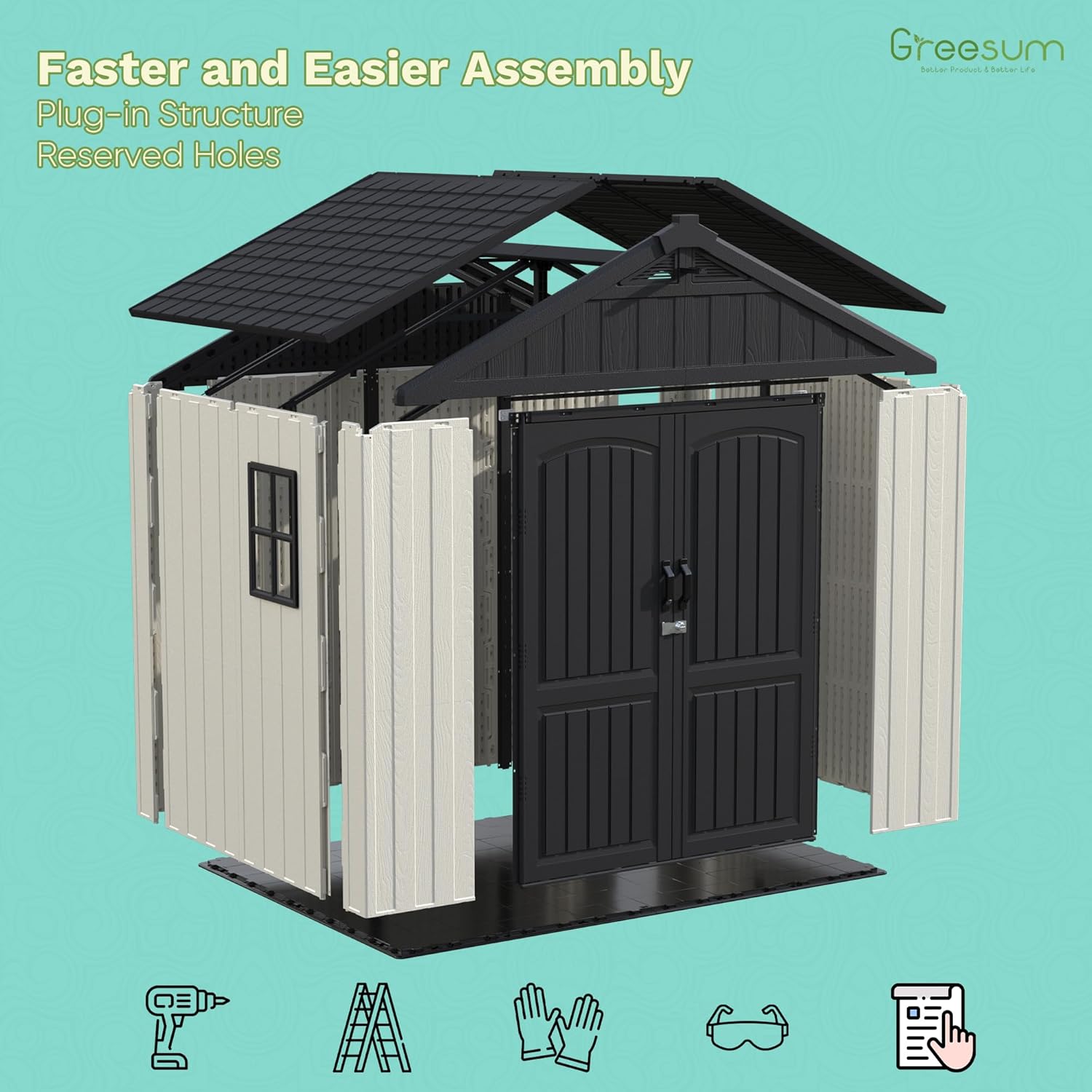 Greesum 8×8 FT Plastic Outdoor Storage Shed with Floor, Resin Sheds with Window and Lockable Door, Weather Resistant Organization for Garden, Lawn, Pool Supplies, Beige
