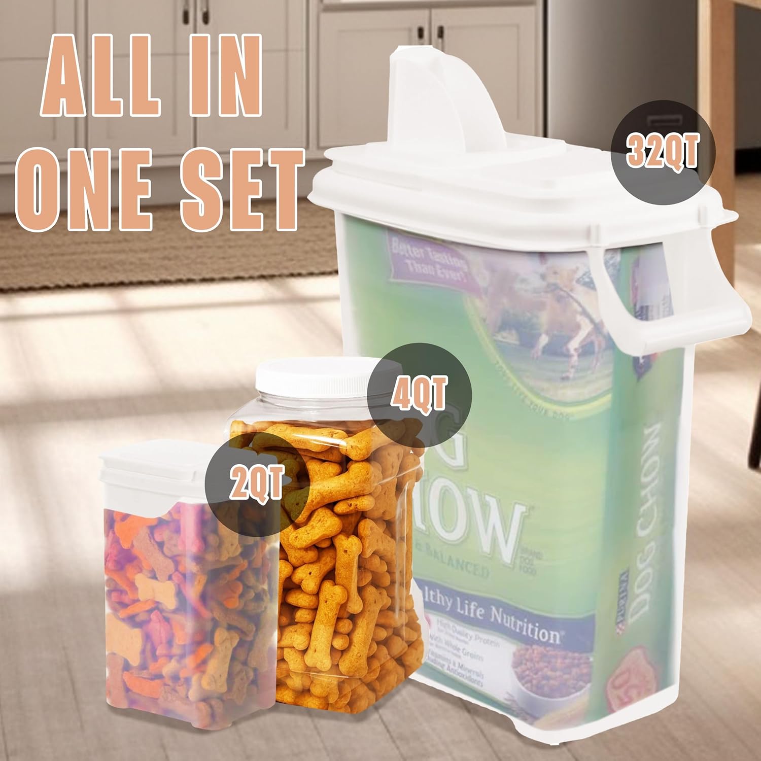 Buddeez Pet Food Storage Solution (Set of 3) - 32QT, 4QT & 2QT BPA-Free Containers with Scoop & Pour Spout for Dry Food, Treats, Chews
