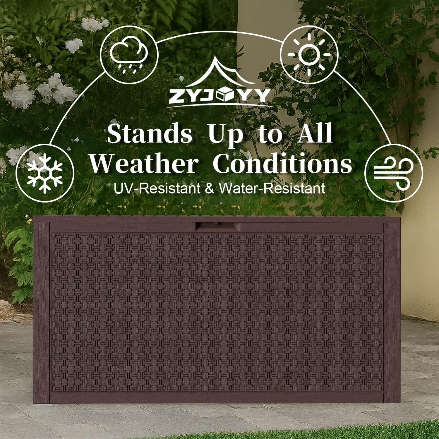 ZYJOYY 90 Gallon Resin Deck Box, Weatherproof Outdoor Storage Box for Patio, Garden, Pool, and Yard, Lockable Waterproof Bin for Tools, Cushions, and Accessories, Brown
