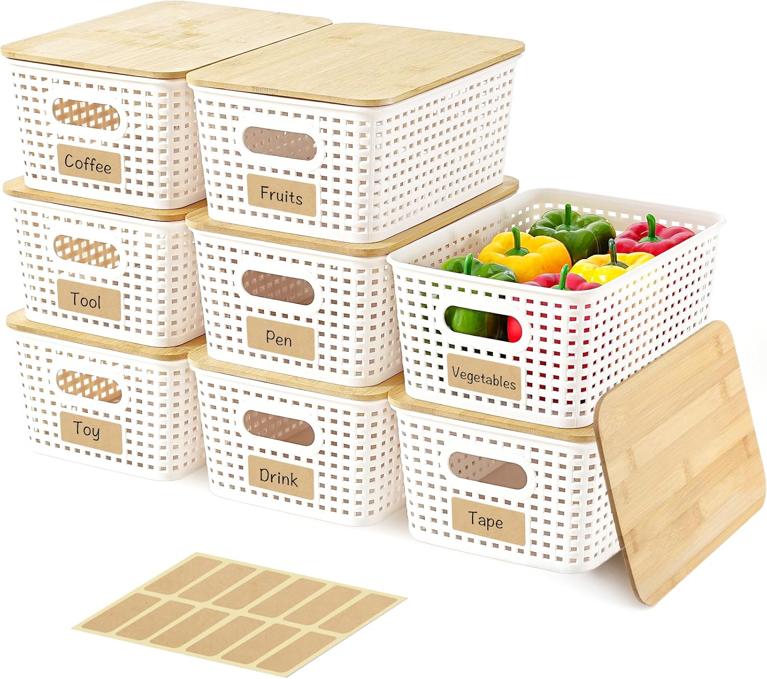 8 Pack Plastic Storage Bins with Bamboo Lids - Stackable Storage Baskets with Handle for Pantry Organizer and Storage, Plastic Containers Bins for Kitchen Bathroom Classroom Office Shelves