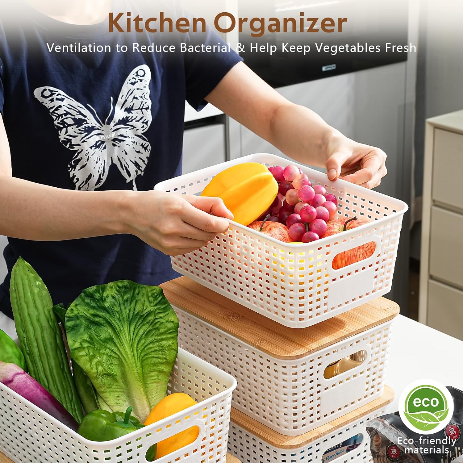 8 Pack Plastic Storage Bins with Bamboo Lids - Stackable Storage Baskets with Handle for Pantry Organizer and Storage, Plastic Containers Bins for Kitchen Bathroom Classroom Office Shelves