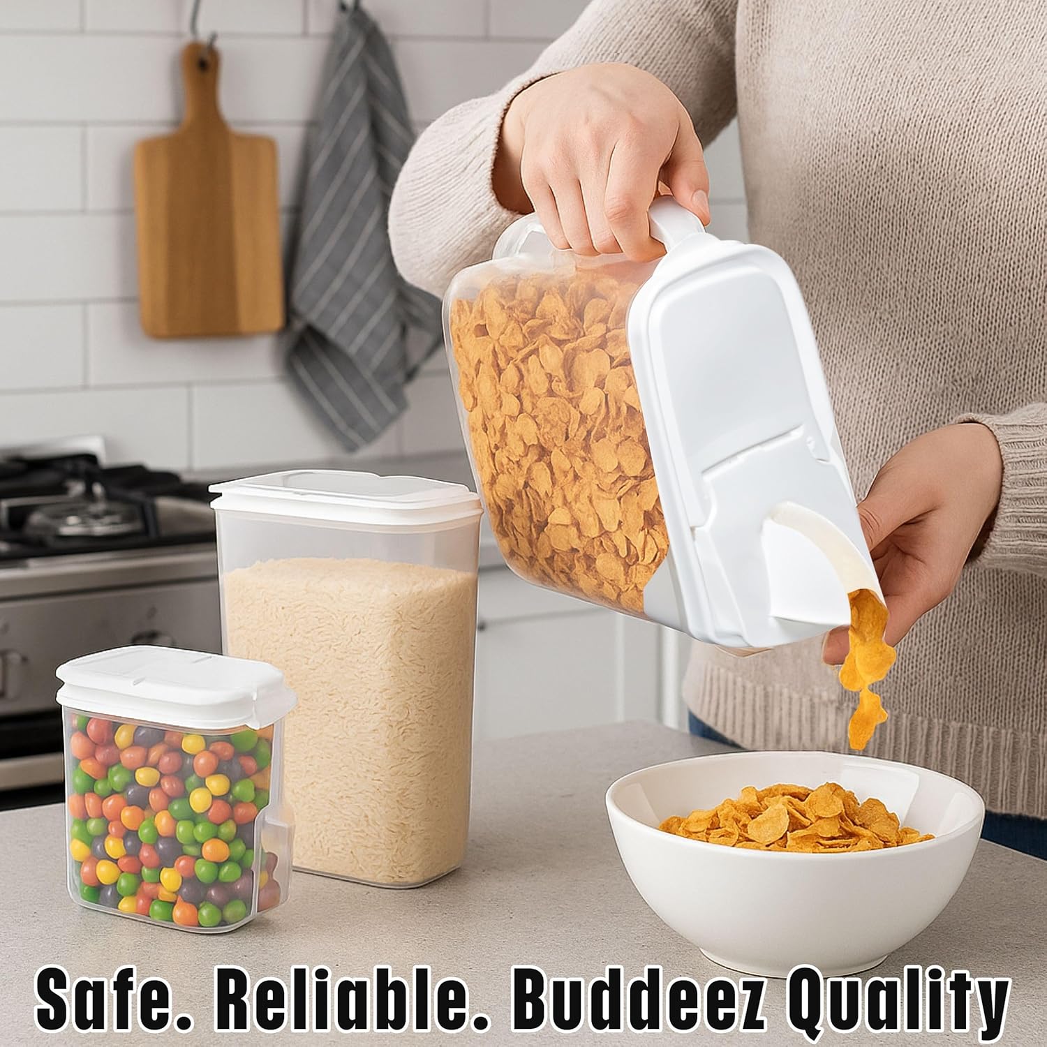 Buddeez Cereal Buddy Food Storage Dispenser - Multi-Size, BPA Free Plastic Containers with EZ Grip Handle, Scoop, and EZ Pour Spout, 8 QT, Set of 3.