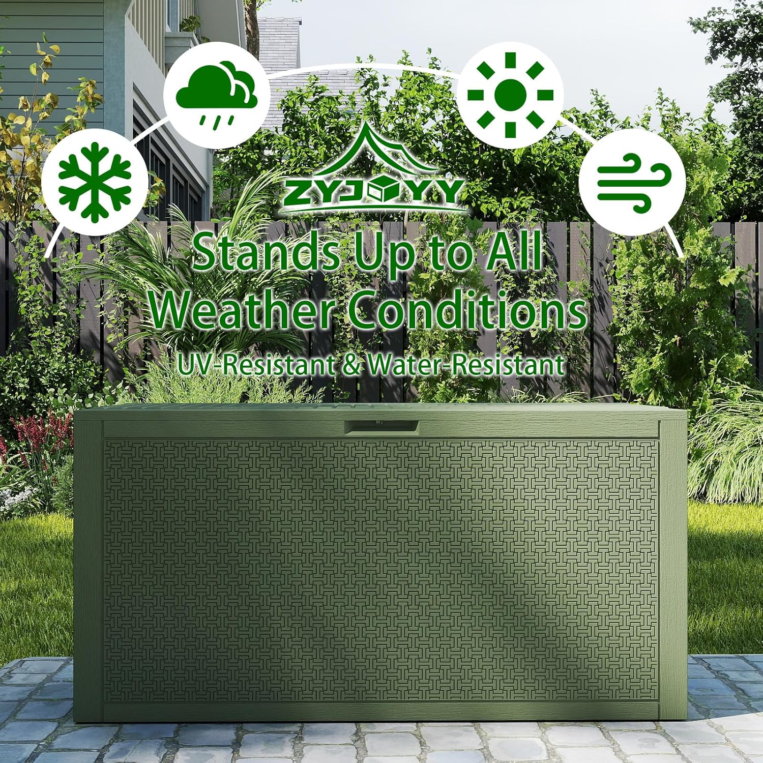 ZYJOYY Outdoor Storage Box, 90 Gallon Deck Box, Waterproof Resin Storage Bin for Patio Cushions, Gardening Tools, Lockable, UV Resistant,Olive Green